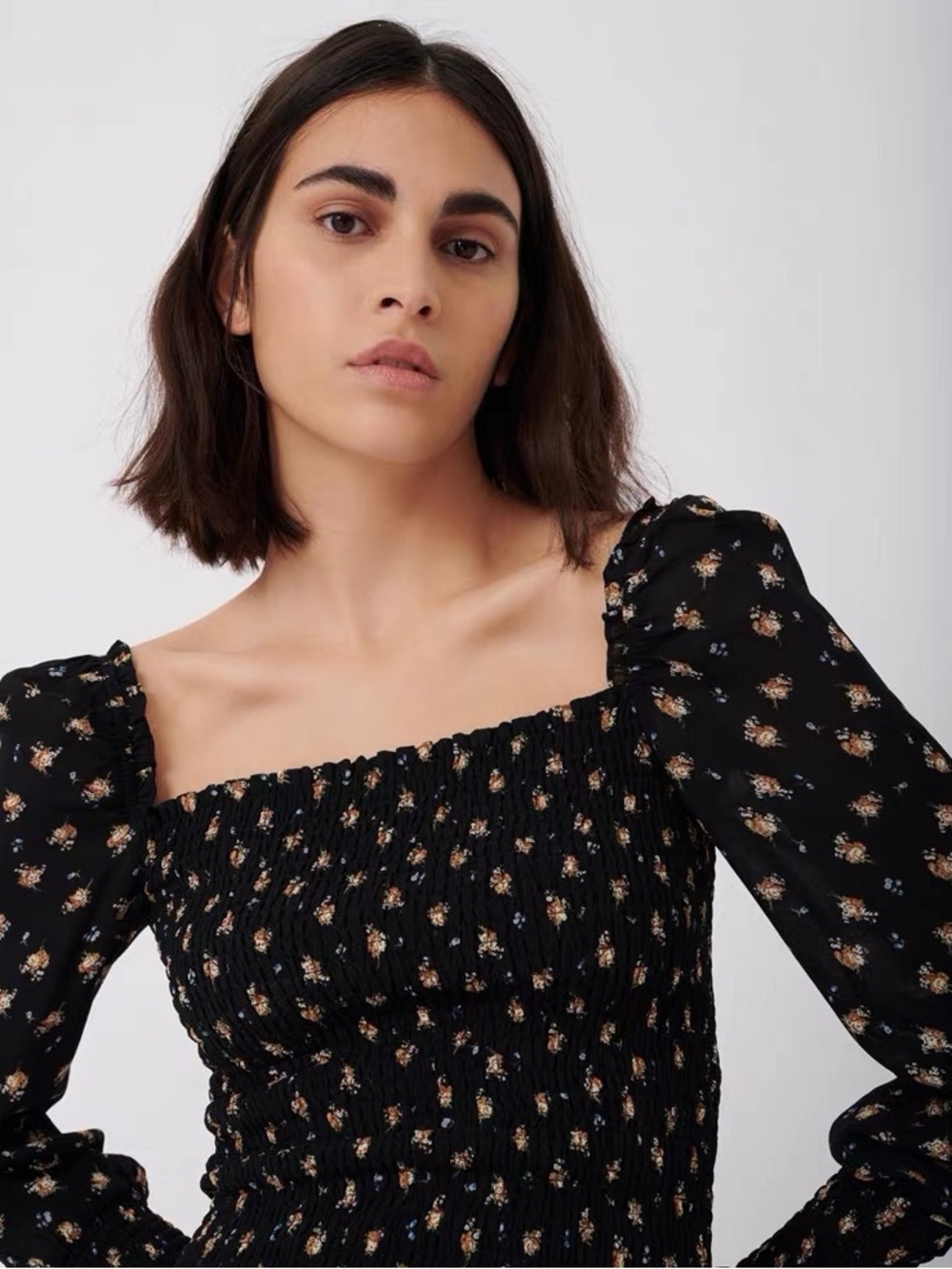 Maje Black Smocked Floral Square-Neck Top